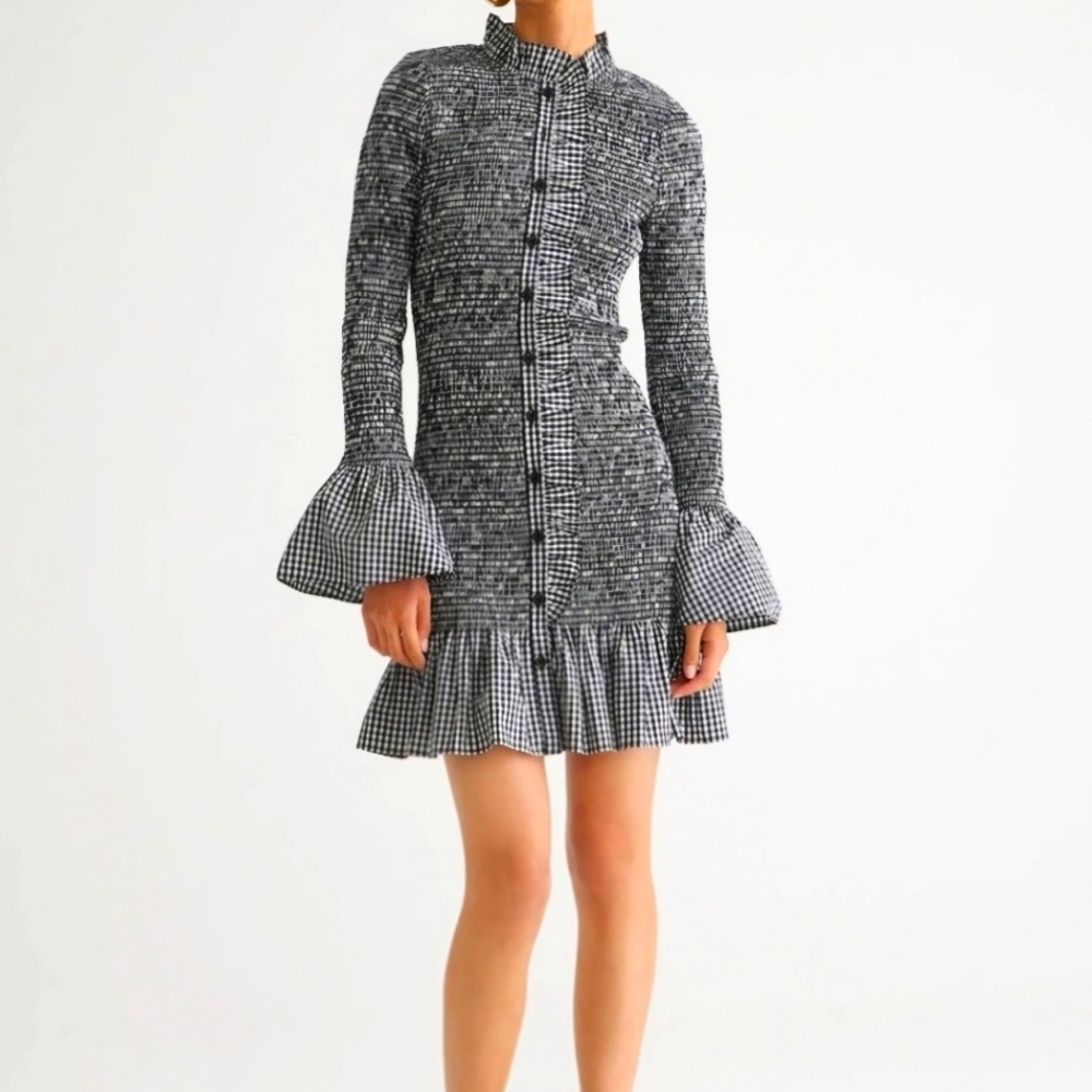 Smocked Button-up Mini Dress in Gingham sz. LG